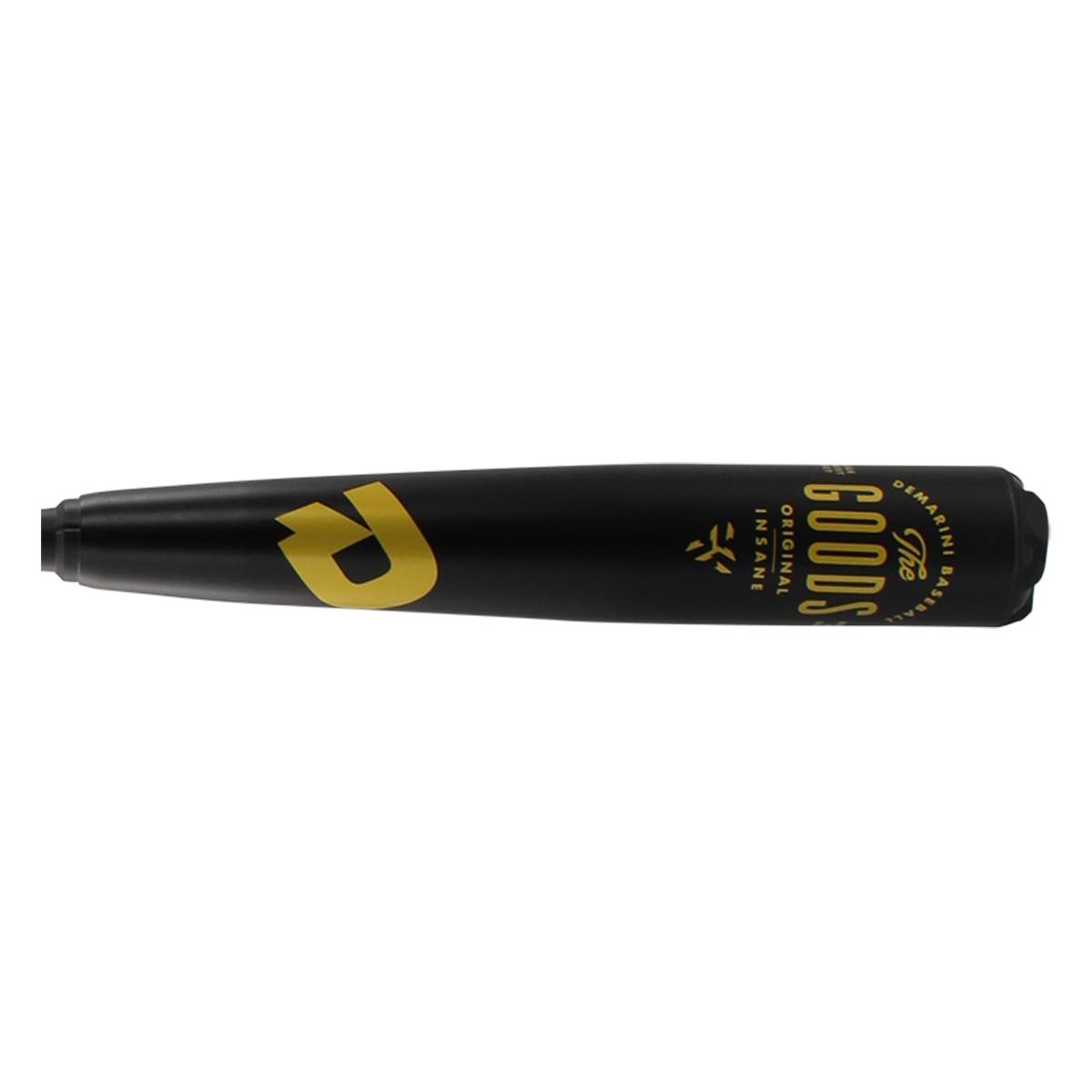 Side view of a black baseball bat with a gold R logo and The Goods text.