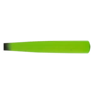 Full view of a vibrant green baseball bat with a black handle fade and rounded barrel end.
