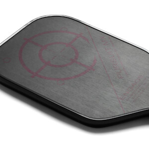 Top-down view of a gray pickleball paddle with a pink target design and visible text.