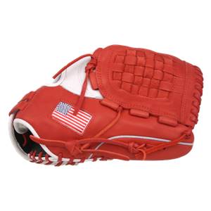 Side view of a red baseball glove with a white palm, woven back, and American flag patch.