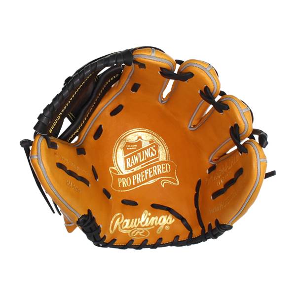 Front view of a tan baseball glove with Rawlings Pro Preferred branding and black lacing.