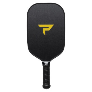 Front view of a black pickleball paddle with a yellow P logo and black grip.