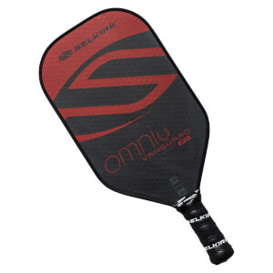 Top-down view of a black and red pickleball paddle with a large S graphic and Omni Vanguard 2.0 text.