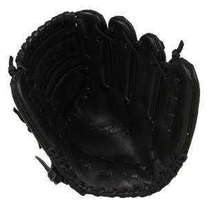 Top-down view of a black baseball glove with stitched finger stalls and a deep pocket.
