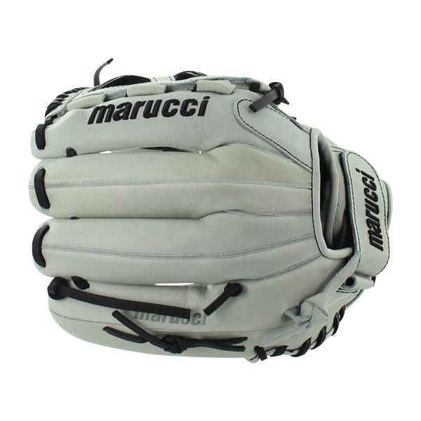 Side view of a white and black Marucci glove with visible Marucci branding on the palm and wrist.