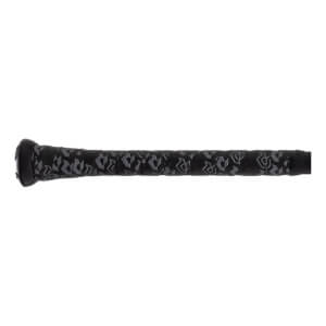 Side view of a black baseball bat with a patterned grip and black end cap.