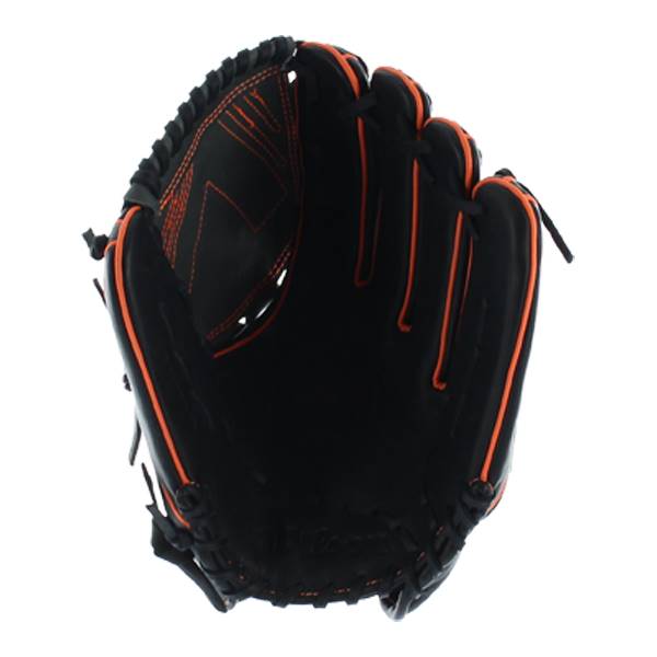 Front view of a black fastpitch glove with orange stitching and lacing.