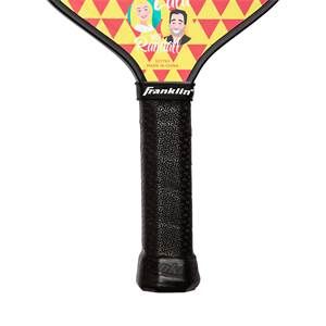 Bottom view of a black pickleball paddle grip with a textured pattern and Franklin logo.