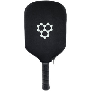 Front view of a black pickleball paddle in a black cover with a white hexagonal logo.