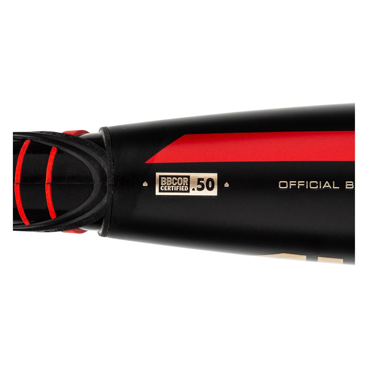 Close-up of a black baseball bat with red accents, BBCOR Certified .50, and OFFICIAL B text.