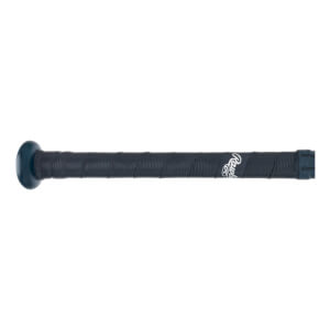 Side view of a dark blue baseball bat with a black textured grip and Rawlings logo.
