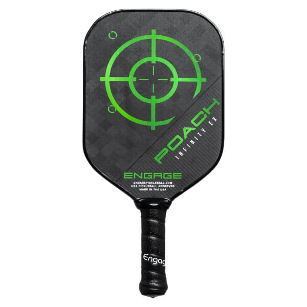 Front view of a black pickleball paddle with a green target, POACH INFINITY EX text, and ENGAGE logo.