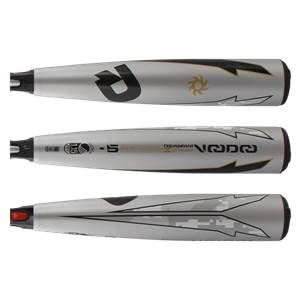 Side view of a silver baseball bat with black and gold accents, USSSA logo, and VOODOO text.
