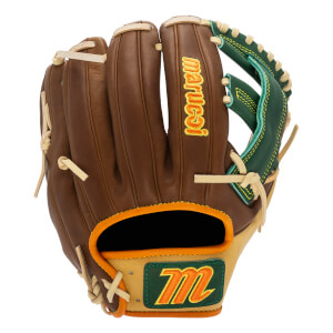 Front view of a brown baseball glove with green accents, marucci text, and an M logo.