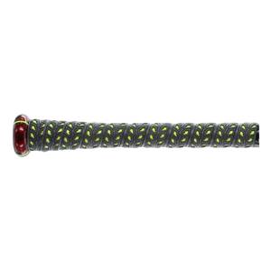 Side view of a black baseball bat with a textured grip and red end cap.