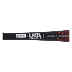 Close-up side view of a black Easton baseball bat with a USA Baseball logo, QR code, and red speckled pattern.
