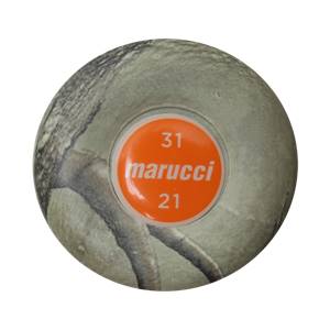 Top-down view of a camo baseball bat with an orange end cap showing 31 marucci 21.