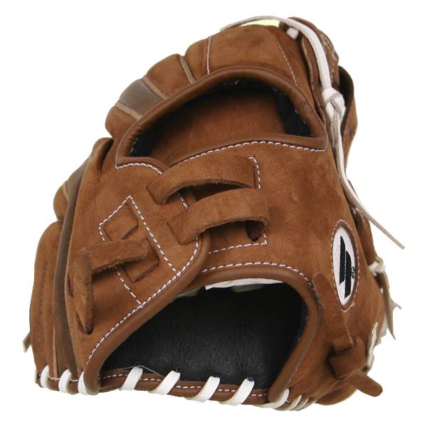 Top-down view of a brown baseball glove with white stitching and a black interior.