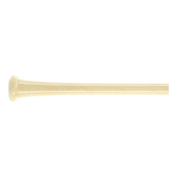 Side view of a light wood baseball bat with a rounded knob and smooth barrel.