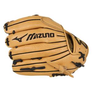 Side view of a tan baseball glove with black stitching and the Mizuno logo.