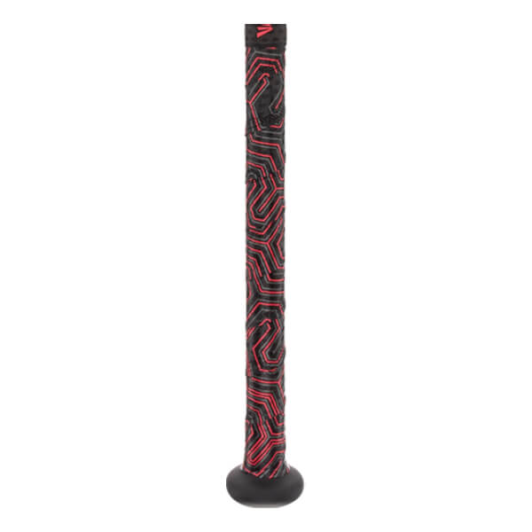 Side view of a black baseball bat with a red geometric grip pattern and black end cap.