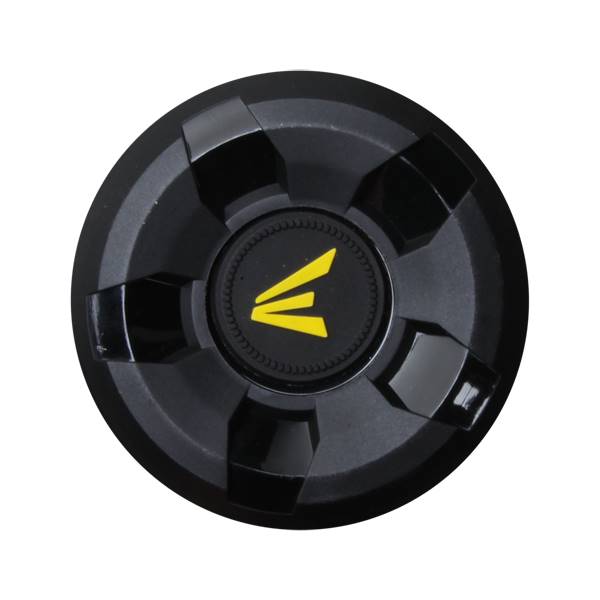 Top-down view of a black baseball bat end cap with a yellow Easton logo and black segmented design.