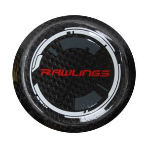 Top-down view of a black baseball bat with red Rawlings logo and white circular accents.