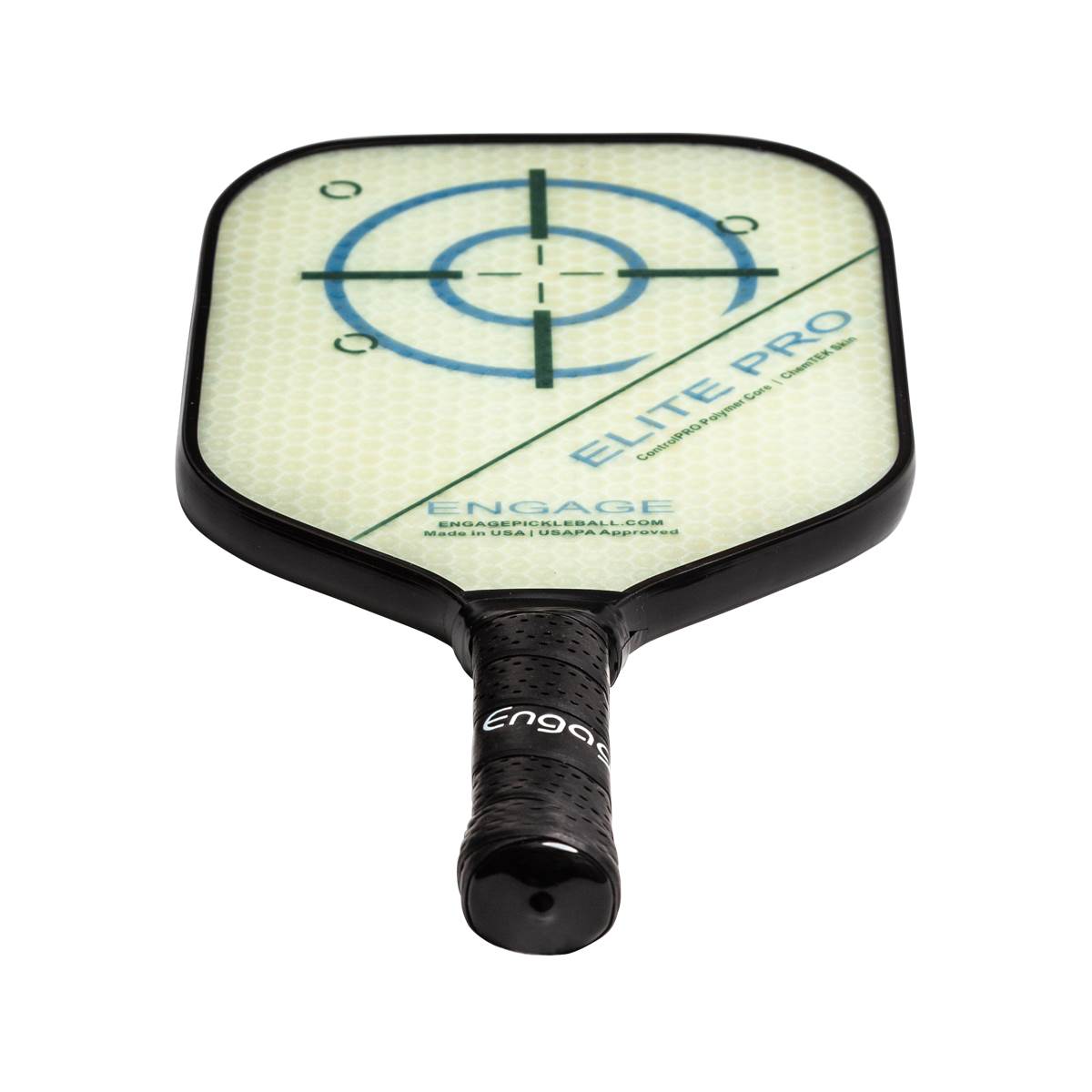 Top-down view of a black pickleball paddle with a target design and ELITE PRO text.
