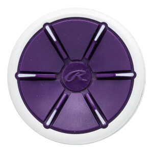 Top-down view of a purple softball bat end cap with a white rim and a Rawlings logo.