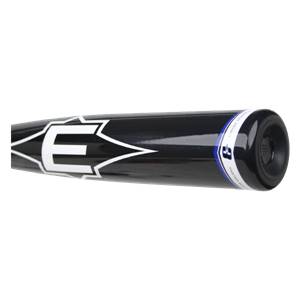 Side view of a black baseball bat with a white Easton logo and a blue and white end cap.