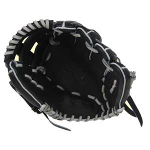 Top-down view of a black baseball glove with white lacing and a bull logo.