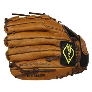 Front view of a tan baseball glove with All Top Grain Leather and EFS DESIGN text.