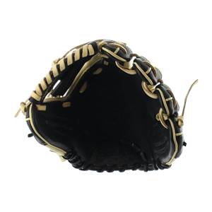 Top-down view of a black baseball glove with tan lacing and a Rawlings logo.