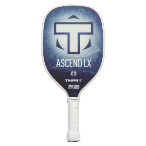 Front view of a blue and white pickleball paddle with a large T logo, ASCEND LX text, and a white grip.