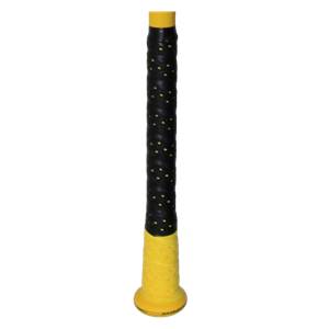 Close-up of a yellow baseball bat grip with black perforated wrap and yellow end cap.