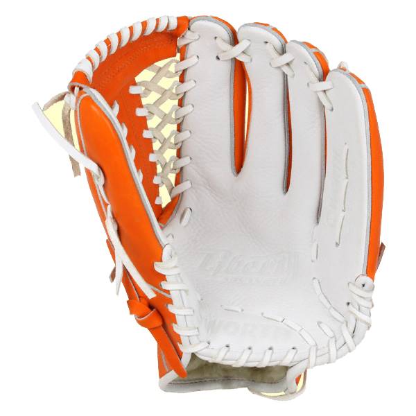 Front view of an orange and white baseball glove with white lacing and Worth Liberty Advanced Series embossed on the palm.