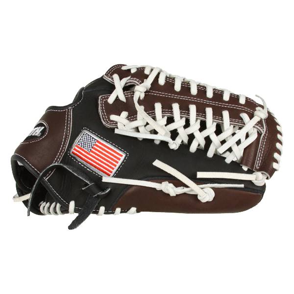 Side view of a black and brown baseball glove with white lacing and an American flag patch.
