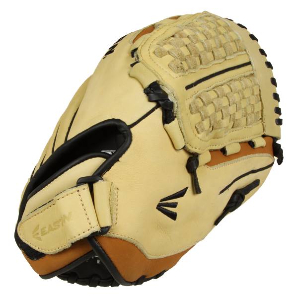 Side view of a tan and brown fastpitch glove with woven finger stalls and an Easton logo.