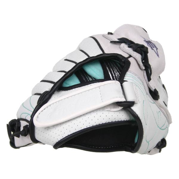 Side view of a white youth softball glove with black lacing and teal accents.