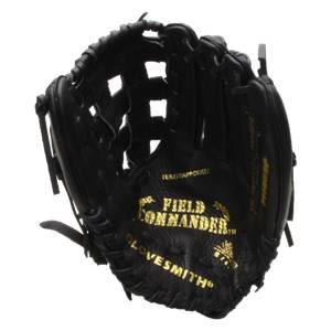 Top-down view of a black baseball glove with gold Field Commander and Glovesmith branding.