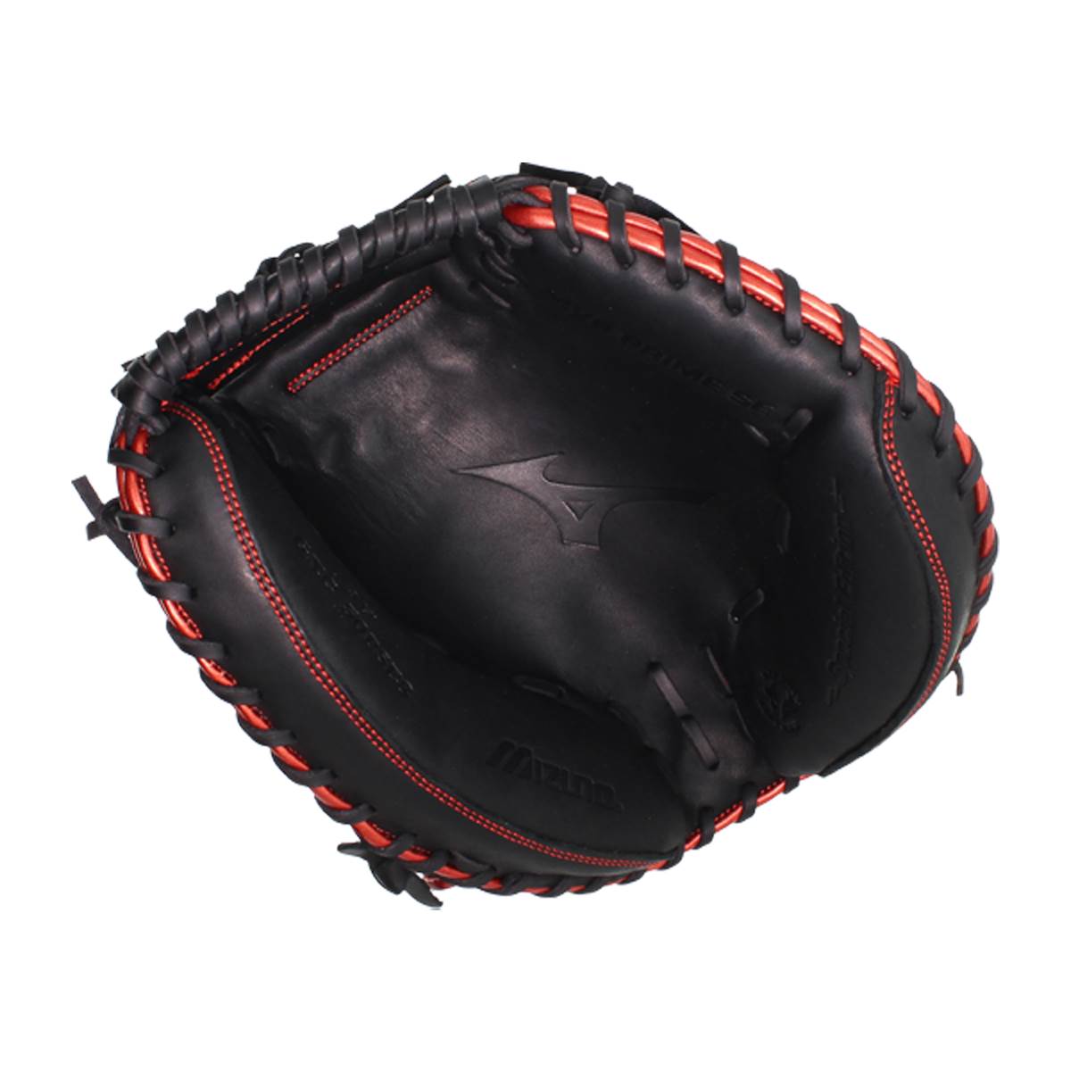 Top-down view of a black baseball catchers mitt with red stitching and Mizuno branding.