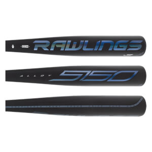Side view of a black baseball bat with Rawlings and 5150 logos.