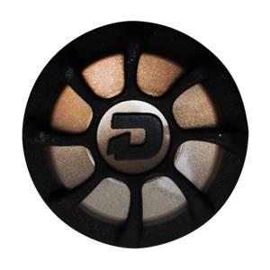 Top-down view of a black softball bat end cap with a silver DeMarini logo and gold and silver segmented inserts.