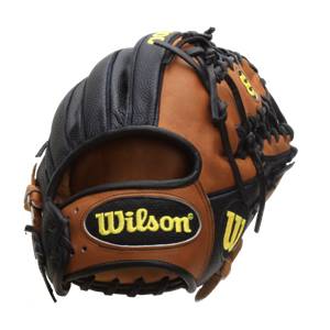 Corner view of a brown and black baseball glove with Wilson branding and yellow stitching.