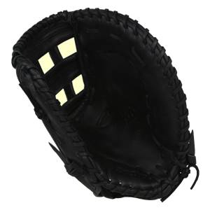 Interior view of a black first base mitt with a woven web and open finger slots.