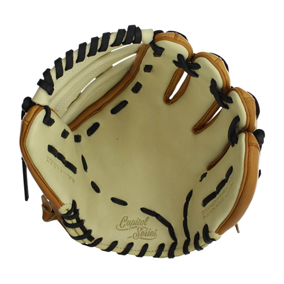 Top-down view of a tan baseball glove with black lacing and Capitol Series text.