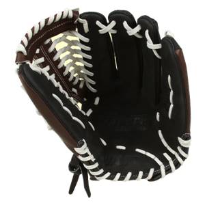 Top-down view of a black and brown baseball glove with white lacing and a visible Worth logo.