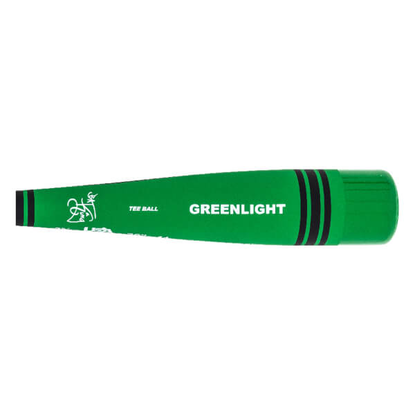 Side view of a green tee ball bat with GREENLIGHT and a logo.