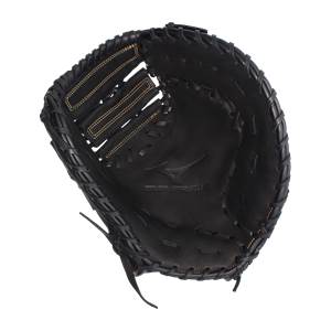Interior view of a black baseball mitt with yellow stitching and MVP PRIME logo.