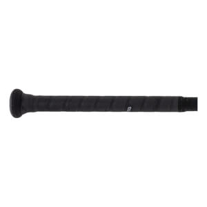 Close-up side view of a black baseball bat handle with textured grip tape and a flared knob.